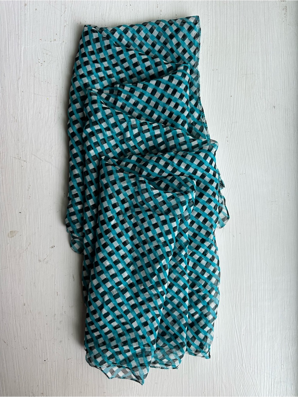 Printemps Paris 100% Silk Geometric Sheer Scarf Blue Black White Wrap